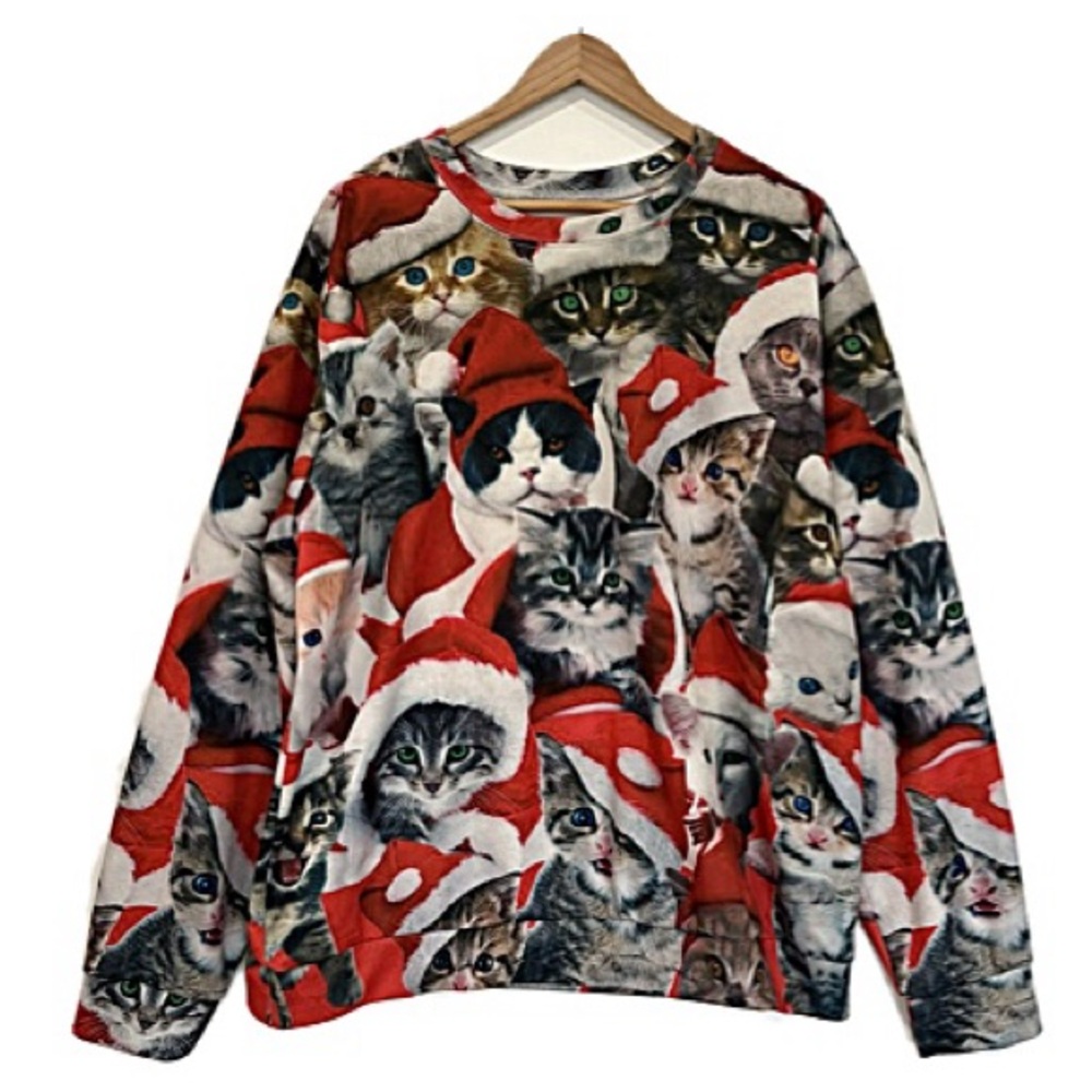 Santa Cat Print Ugly Christmas Sweatshirt Mens Womens Size XXL Long Sleeve Crew